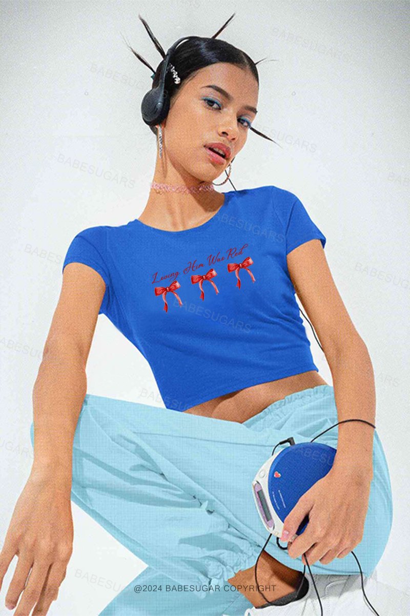 Red Bow Print Y2K Baby Tee